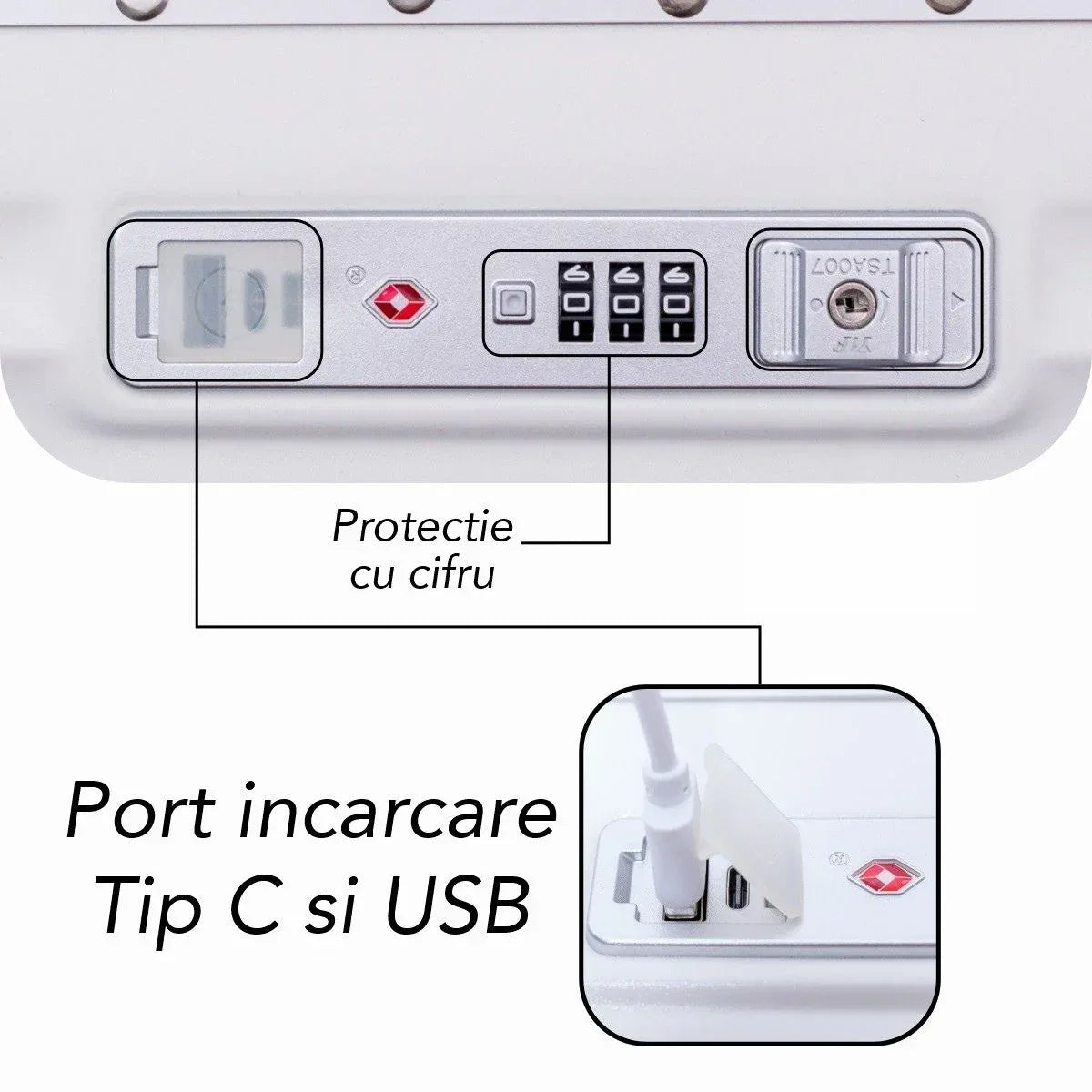 Troler, cabina avion, Naimeed D5989, Premium Voyage, fibra de carbon, port USB, compartiment pentru laptop, inchidere cifru, Alb, 49x34x24cm