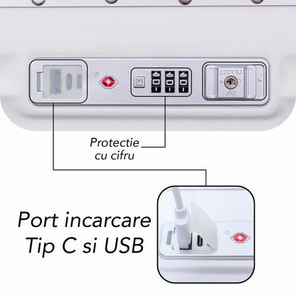 Troler, cabina avion, Naimeed D5989, Premium Voyage, fibra de carbon, port USB, compartiment pentru laptop, inchidere cifru, Alb, 49x34x24cm