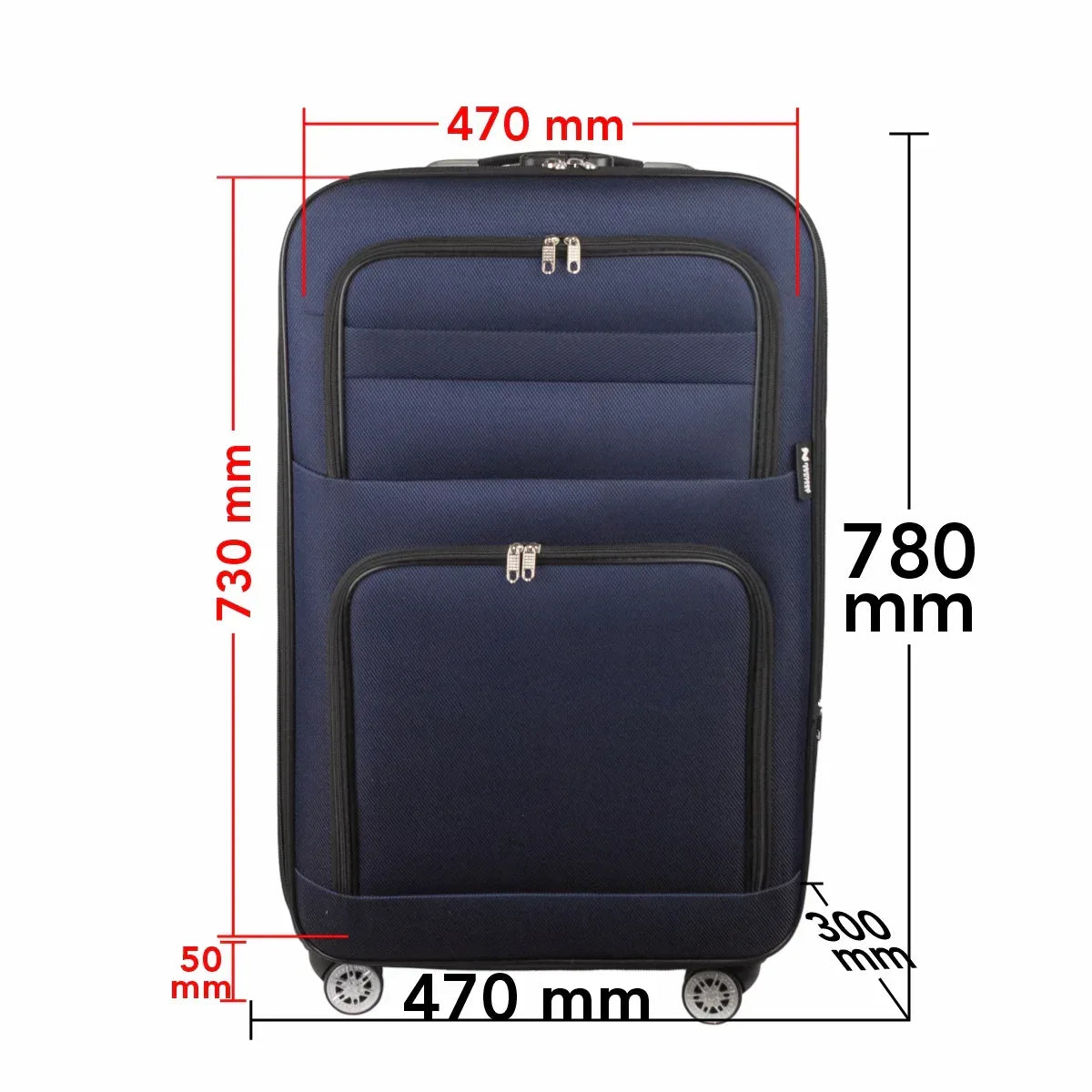 Troler voiaj Mare, Naimeed D5993, 4 roti, material textil, inchidere cifru, Albastru, 47x30x73cm