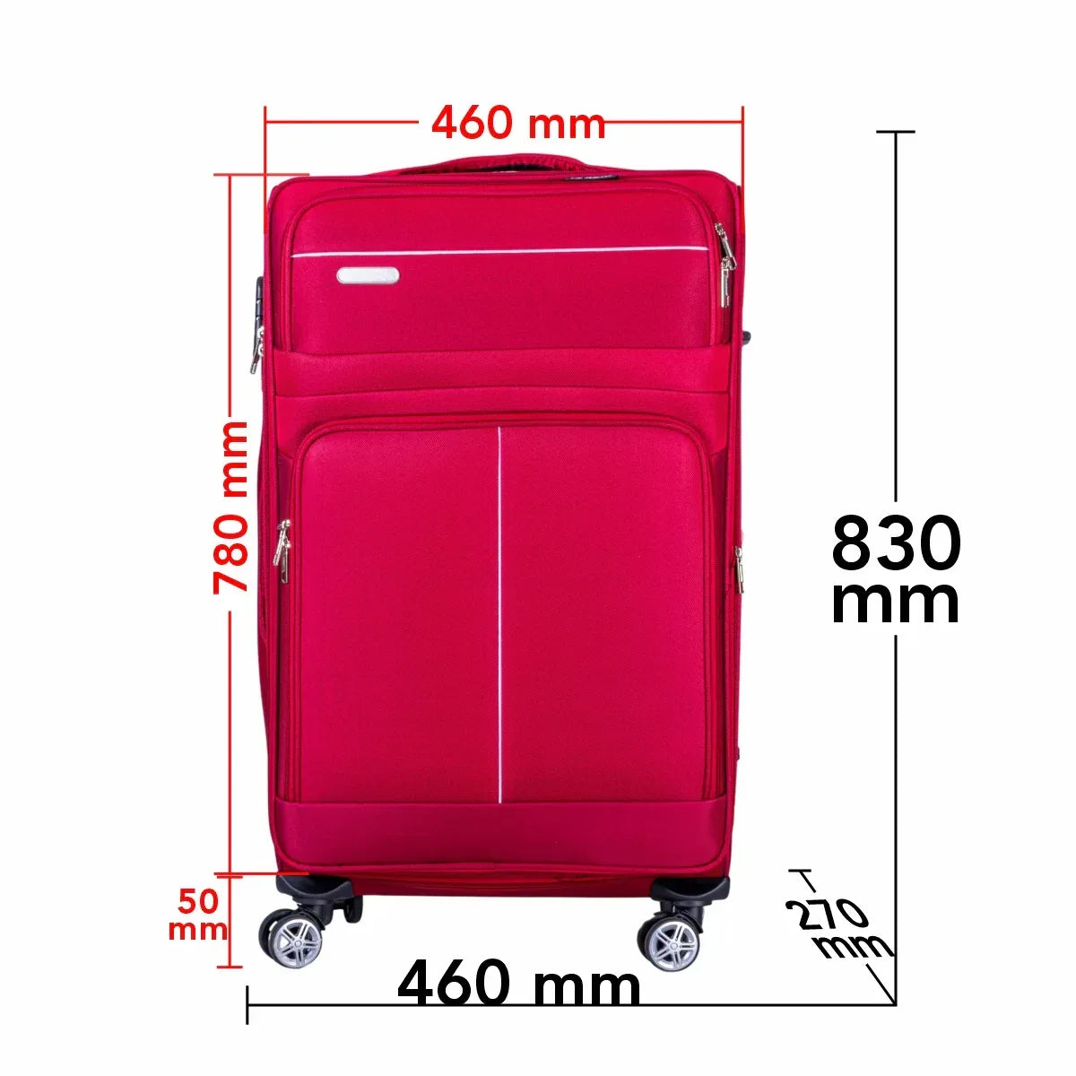 Troler voiaj Mare, Naimeed D6002, 4 roti duble 360 grade, material textil, inchidere cifru, Rosu, 46x27x78cm