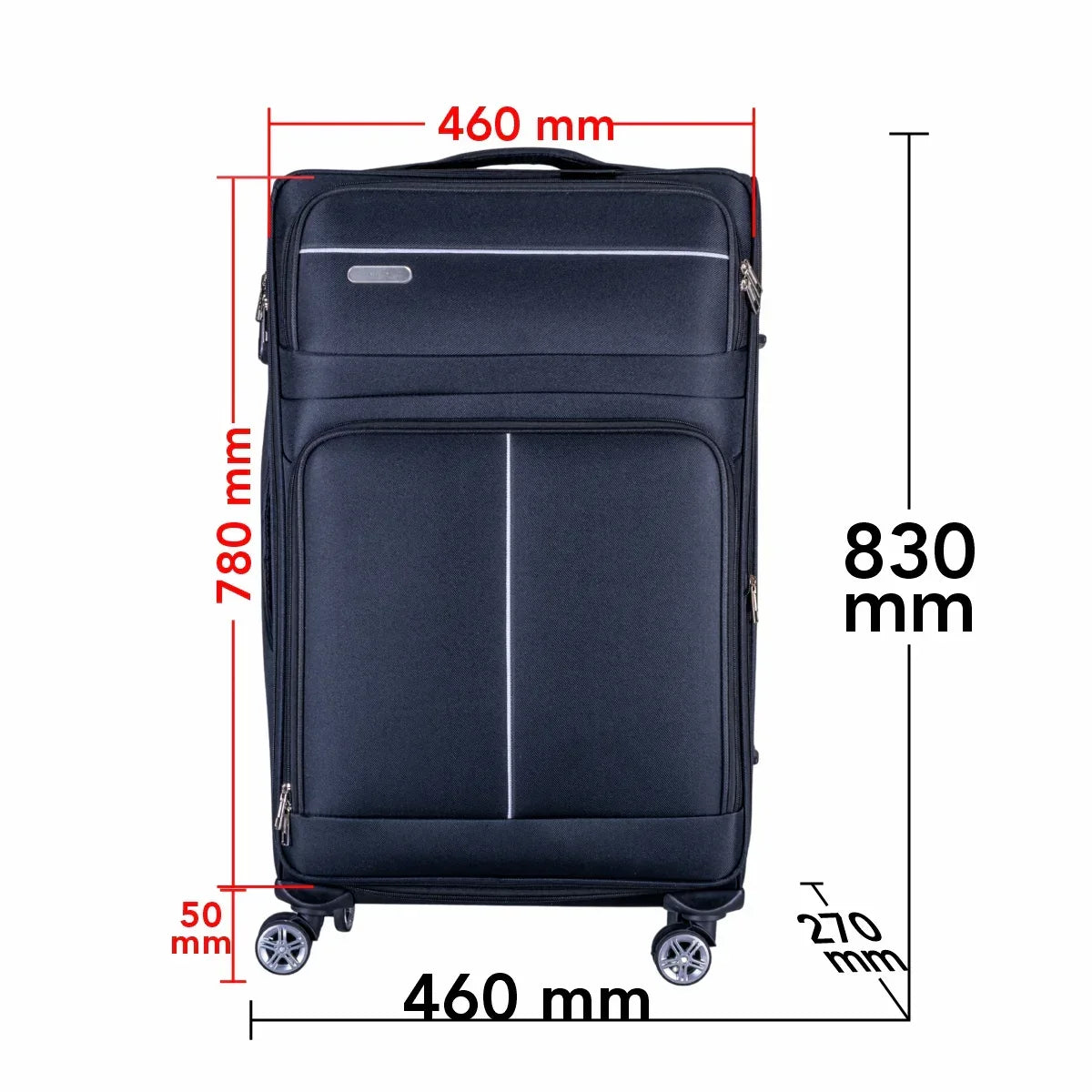 Troler voiaj Mare, Naimeed D6004, 4 roti duble 360 grade, material textil, inchidere cifru, Negru, 46x27x78cm