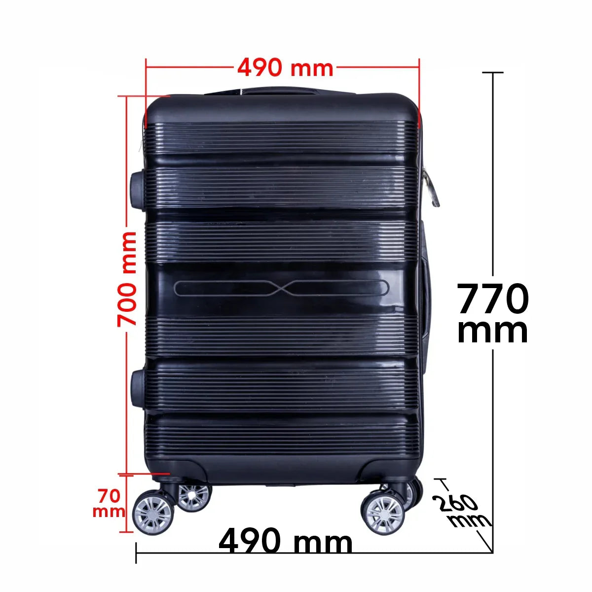 Troler voiaj Mare, Naimeed D6008, 4 roti duble 360 grade, PP, inchidere cifru, Negru, 49x26x70cm
