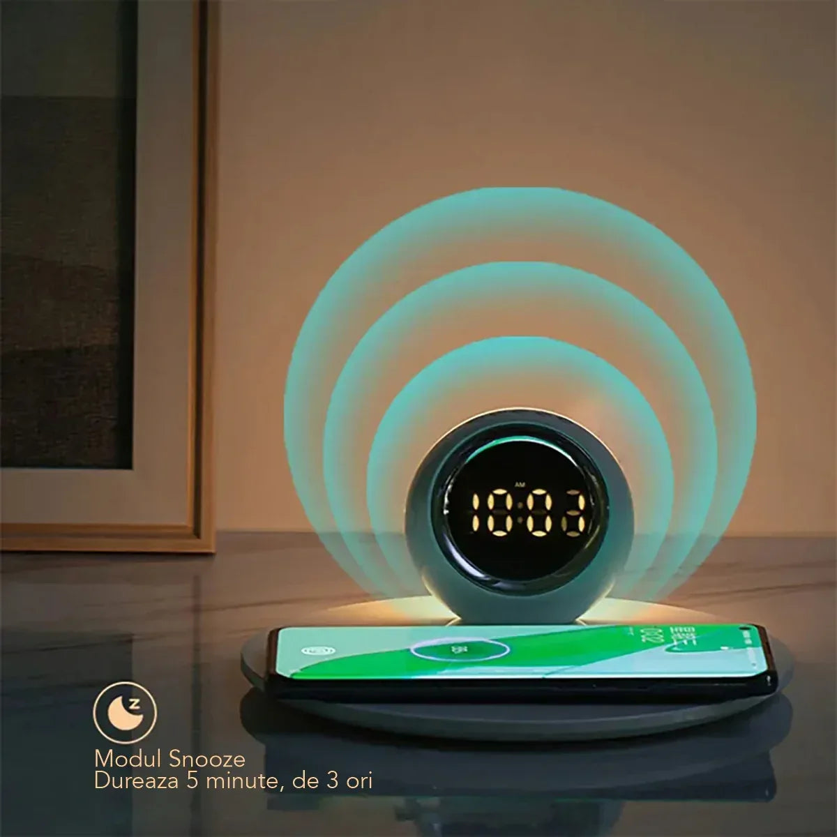 Incarcator wireless cu ceas incorporat si lumina de veghe, Naimeed D6066, Alb, 180x80x180mm