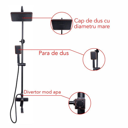 Coloana de dus, cu para fixa si para mobila, Naimeed D6137, 3 functii, otel inoxidabil, Negru