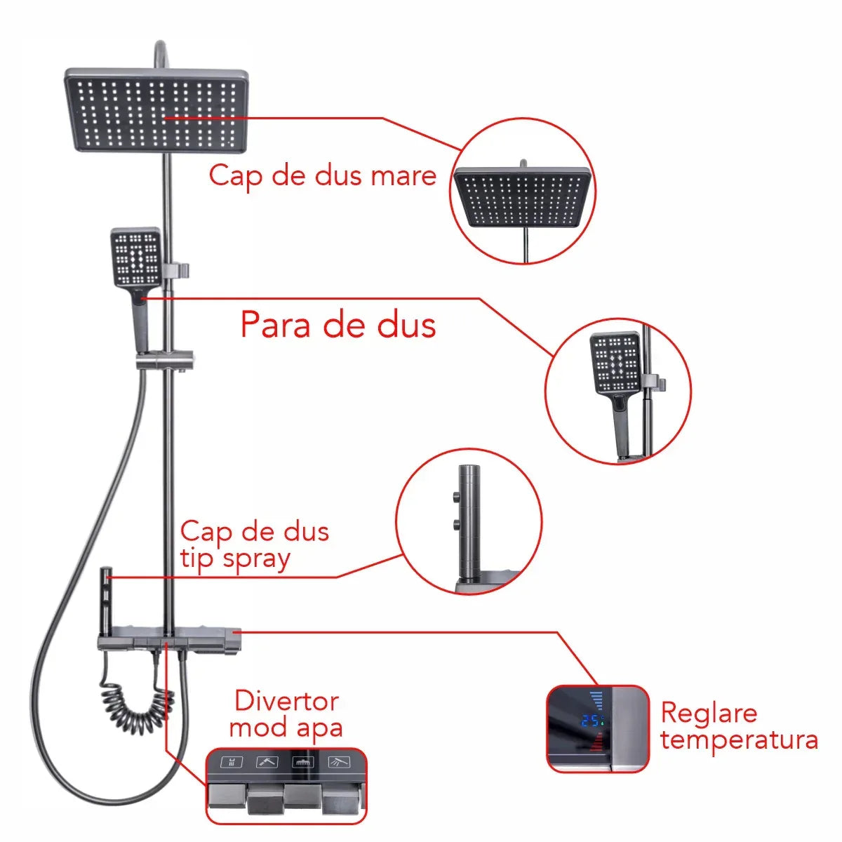 Coloana de dus, cu para fixa si para mobila, Naimeed D6138, 4 functii, otel inoxidabil, Argintiu