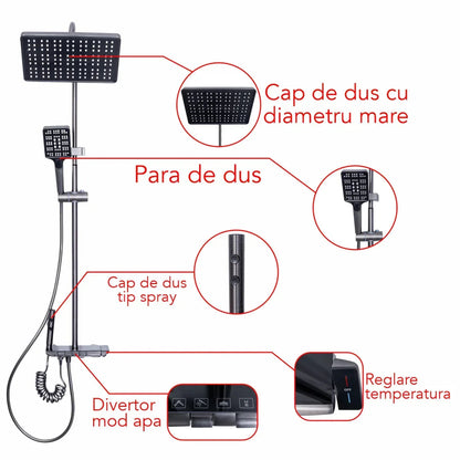 Coloana de dus, cu para fixa si para mobila, Naimeed D6144, 4 functii, otel inoxidabil, Argintiu