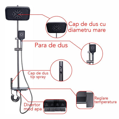 Coloana de dus, cu para fixa si para mobila, Naimeed D6145, 4 functii, otel inoxidabil, Gri