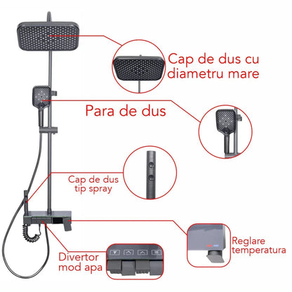 Coloana de dus, cu para fixa si para mobila, Naimeed D6147, 4 functii, otel inoxidabil, Gri