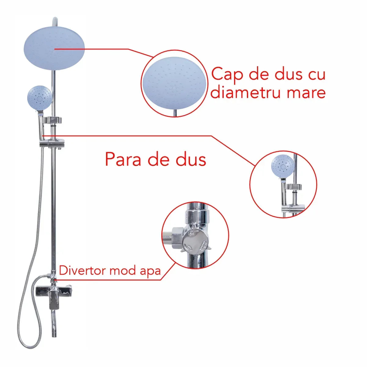 Coloana de dus, cu para fixa si para mobila, Naimeed D6151, 3 functii, otel inoxidabil, Argintiu