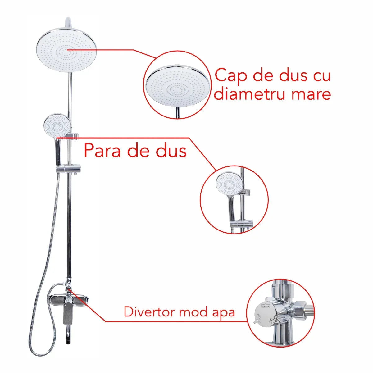 Coloana de dus, cu para fixa si para mobila, Naimeed D6152, 3 functii, otel inoxidabil, Argintiu