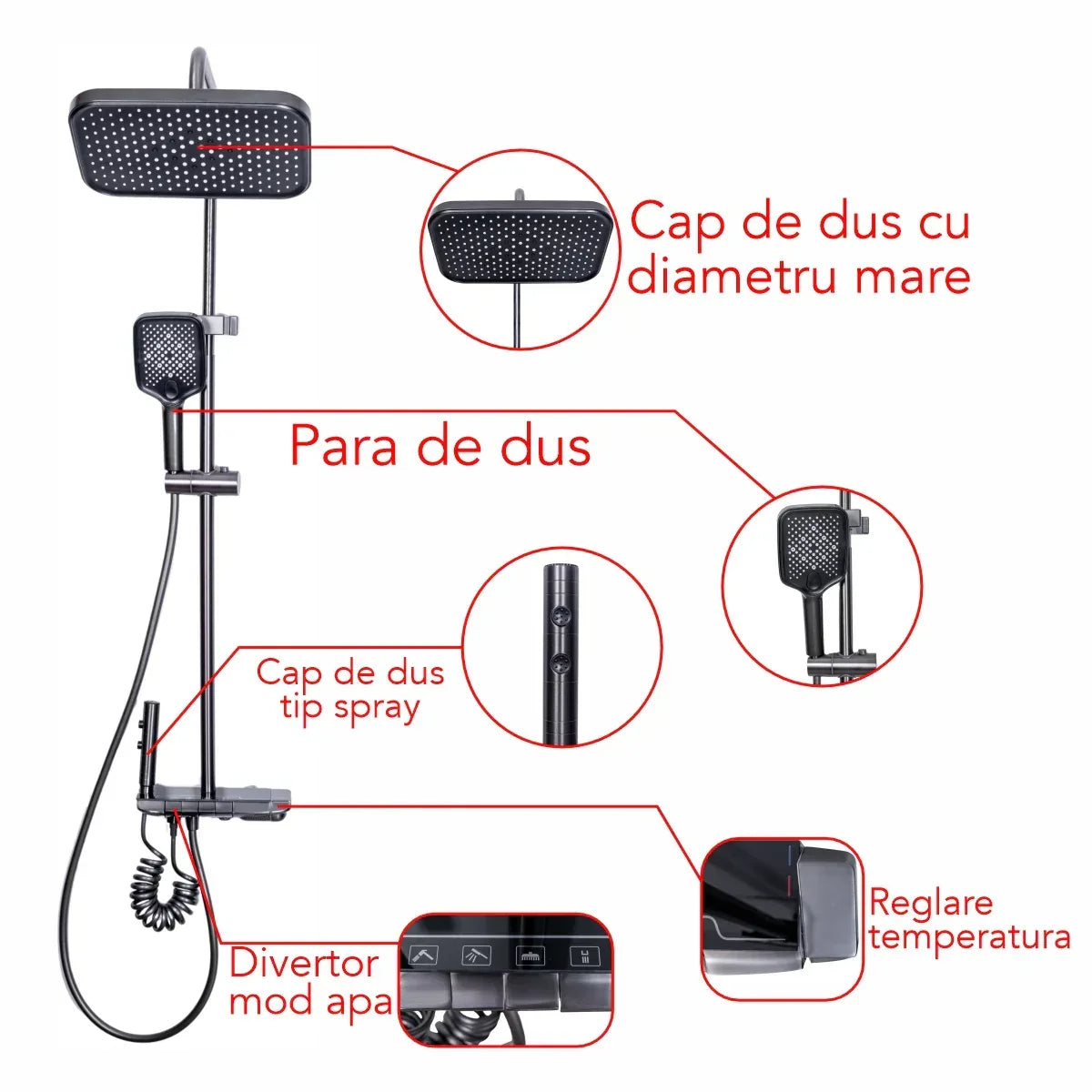 Coloana de dus, cu para fixa si para mobila, Naimeed D6156, 4 functii, otel inoxidabil, Gri