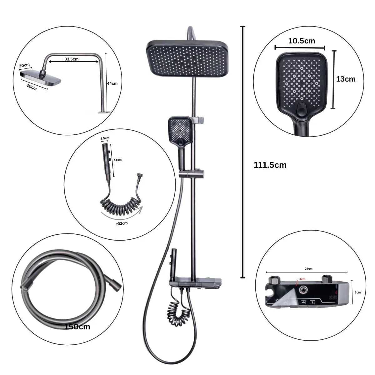 Coloana de dus, cu para fixa si para mobila, Naimeed D6156, 4 functii, otel inoxidabil, Gri
