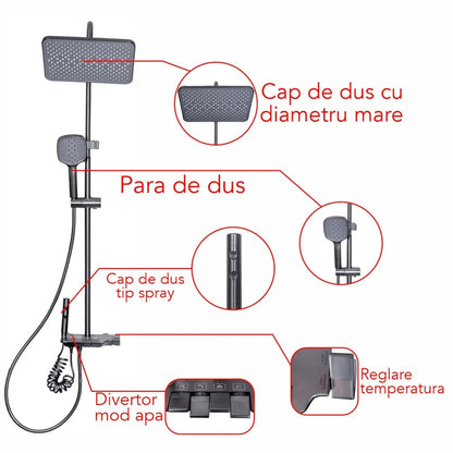 Coloana de dus, cu para fixa si para mobila, Naimeed D6157, 4 functii, otel inoxidabil, Gri