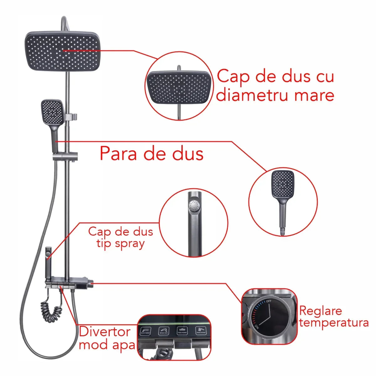 Coloana de dus, cu para fixa si para mobila, Naimeed D6159, 4 functii, otel inoxidabil, Argintiu