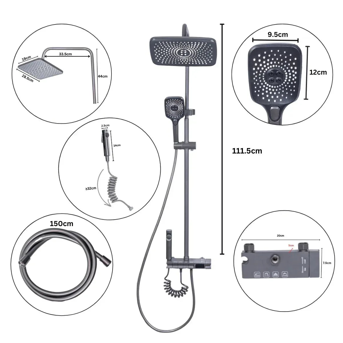 Coloana de dus, cu para fixa si para mobila, Naimeed D6160, 4 functii, otel inoxidabil, Gri