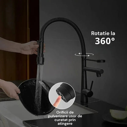 Baterie chiuveta de bucatarie, rotire 360°, multifunctionala, cu design modern si furtun flexibil, Naimeed D6180, Negru