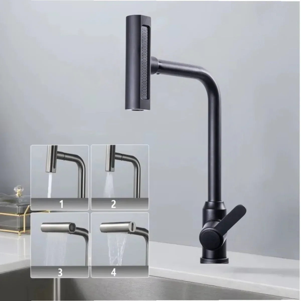 Baterie chiuveta de bucatarie, rotire 360°, multifunctionala, cu design modern, Naimeed D6182, Negru mat