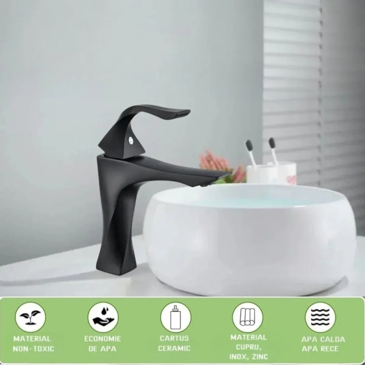 Baterie pentru baie cu design modern, Naimeed D6202, Negru mat