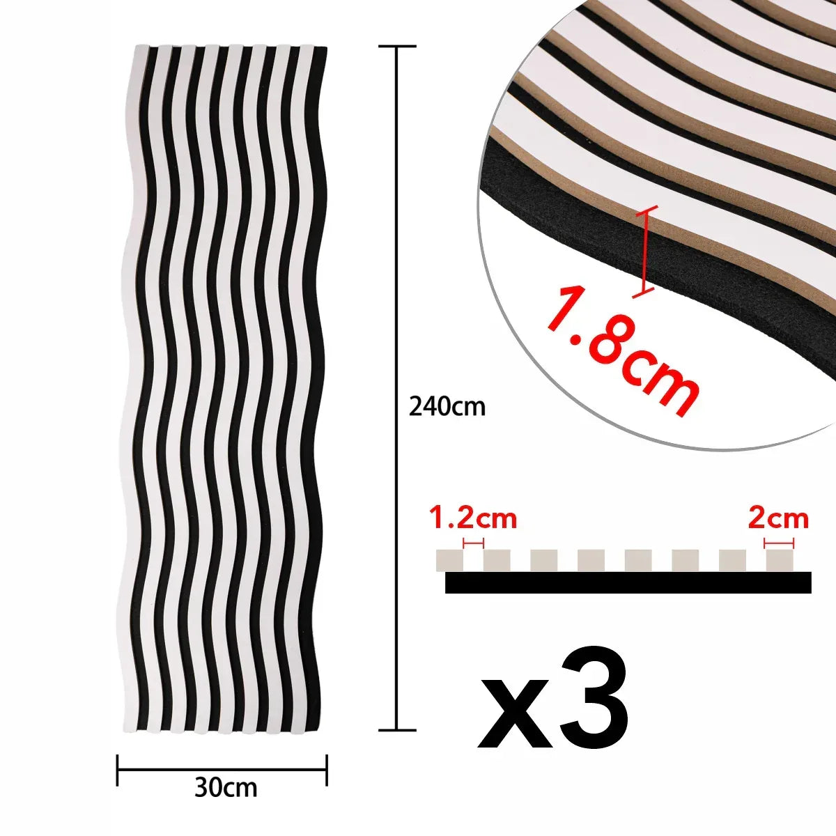 Set 3 Panouri riflaj acustic decorativ, MDF si pasla, Naimeed D6248, 240x30x1.8cm, Alb