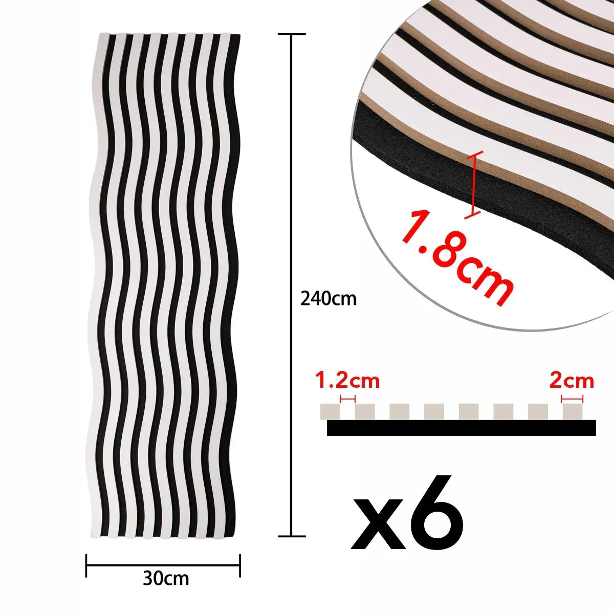 Set 6 Panouri riflaj acustic decorativ, MDF si pasla, Naimeed D6248, 240x30x1.8cm, Alb