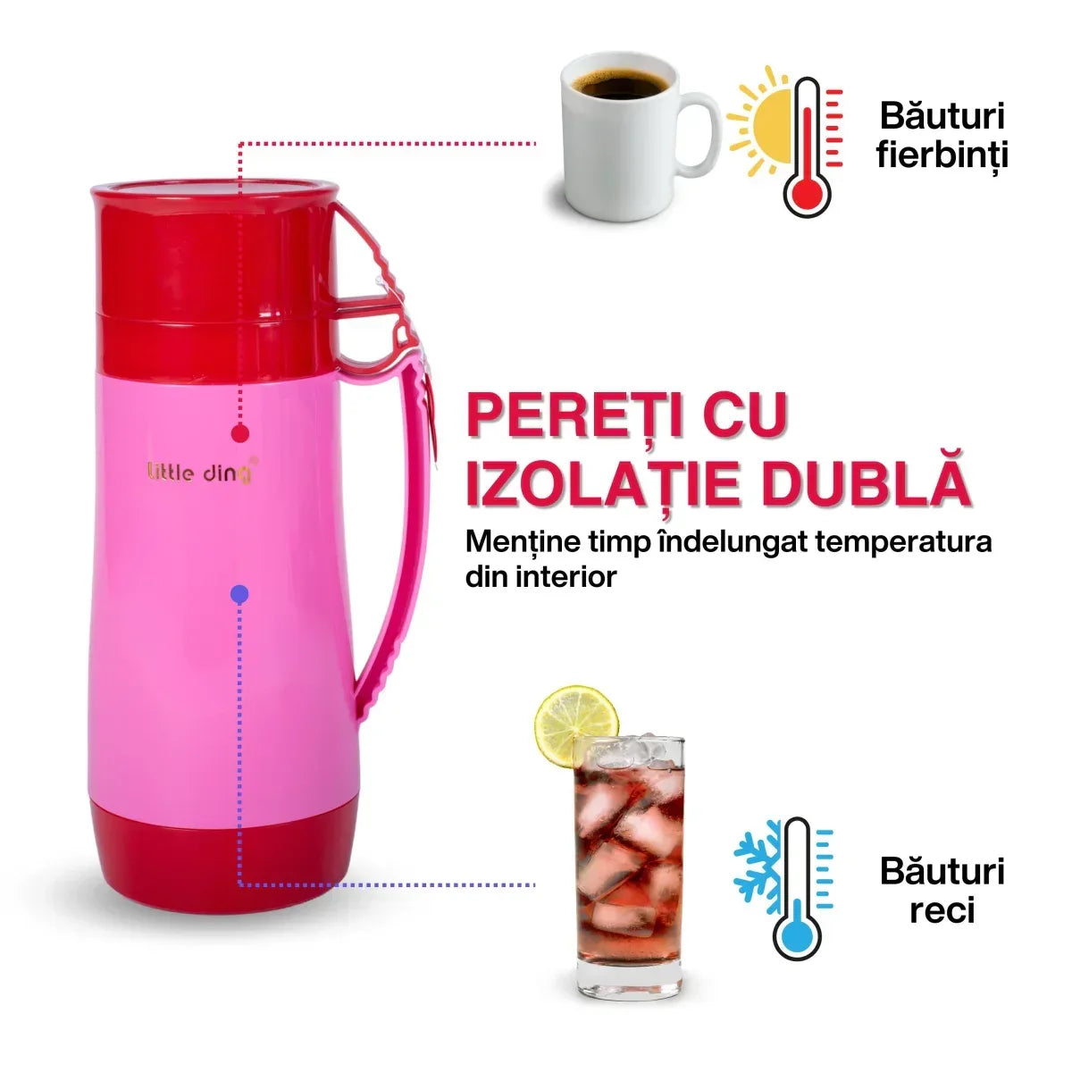 Termos, Naimeed D6418, pentru bauturi reci sau calde, Sticla si ABS, 1.8L, Roz, 160x345x132mm