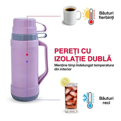Termos, Naimeed D6417, pentru bauturi reci sau calde, Sticla si ABS, 1.8L, Mov, 160x345x130mm