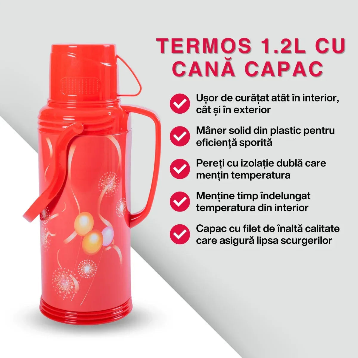 Termos, Naimeed D6420, pentru bauturi reci sau calde, Sticla si ABS, 1.2L, Rosu, 120x340x170mm