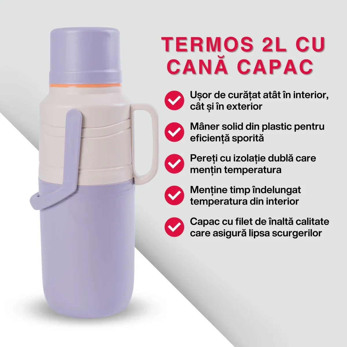 Termos, Naimeed D6421, pentru bauturi reci sau calde, Sticla si ABS, 2L, Mov, 114x400x200mm