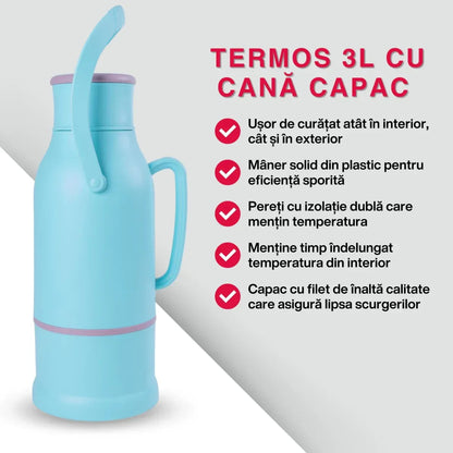 Termos, Naimeed D6424, pentru bauturi reci sau calde, Sticla si ABS, 3L, Albastru, 165x500x200mm
