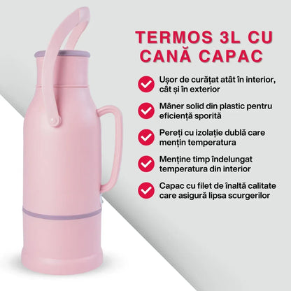 Termos, Naimeed D6424, pentru bauturi reci sau calde, Sticla si ABS, 3L, Roz, 165x500x200mm