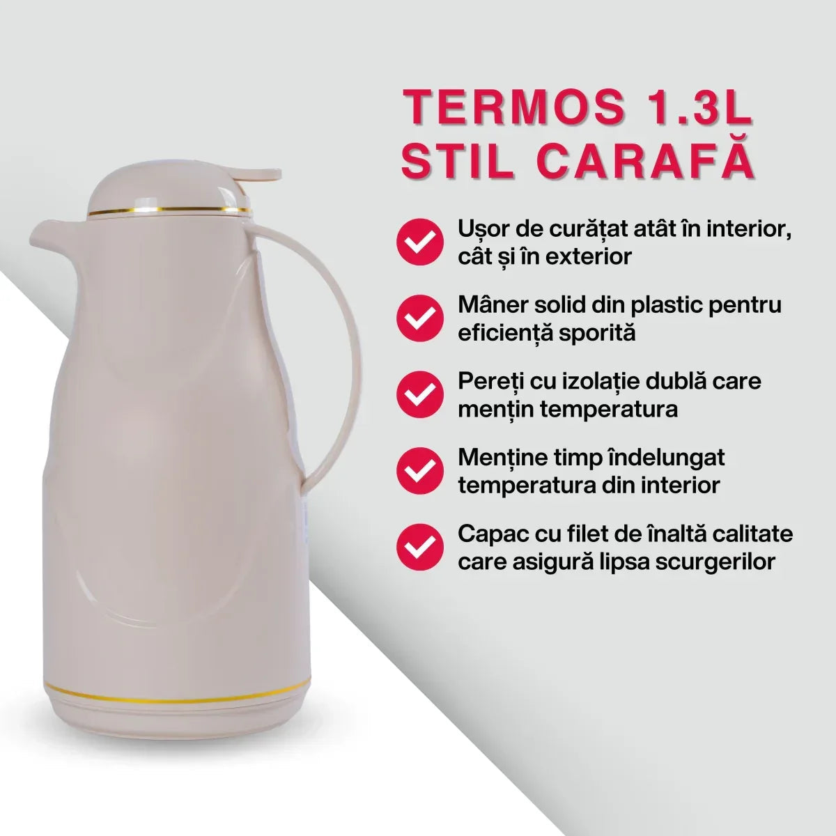Termos, Naimeed D6430, pentru bauturi reci sau calde, Sticla si ABS, 1.4L, Crem, 145x320x190mm