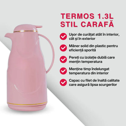 Termos, Naimeed D6430, pentru bauturi reci sau calde, Sticla si ABS, 1.4L, Roz, 145x320x190mm