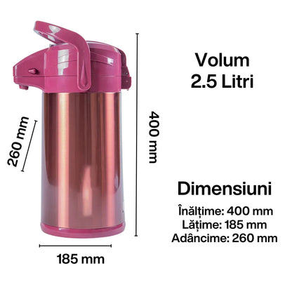 Termos, Naimeed D6440, pentru bauturi reci sau calde, Sticla si ABS, 2.5L, Visiniu, 185x400x260mm