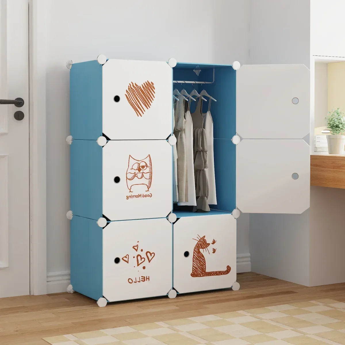 Dulap Modular, camera copii, 6 usi, Naimeed D6598, Albastru, 110x75x37cm