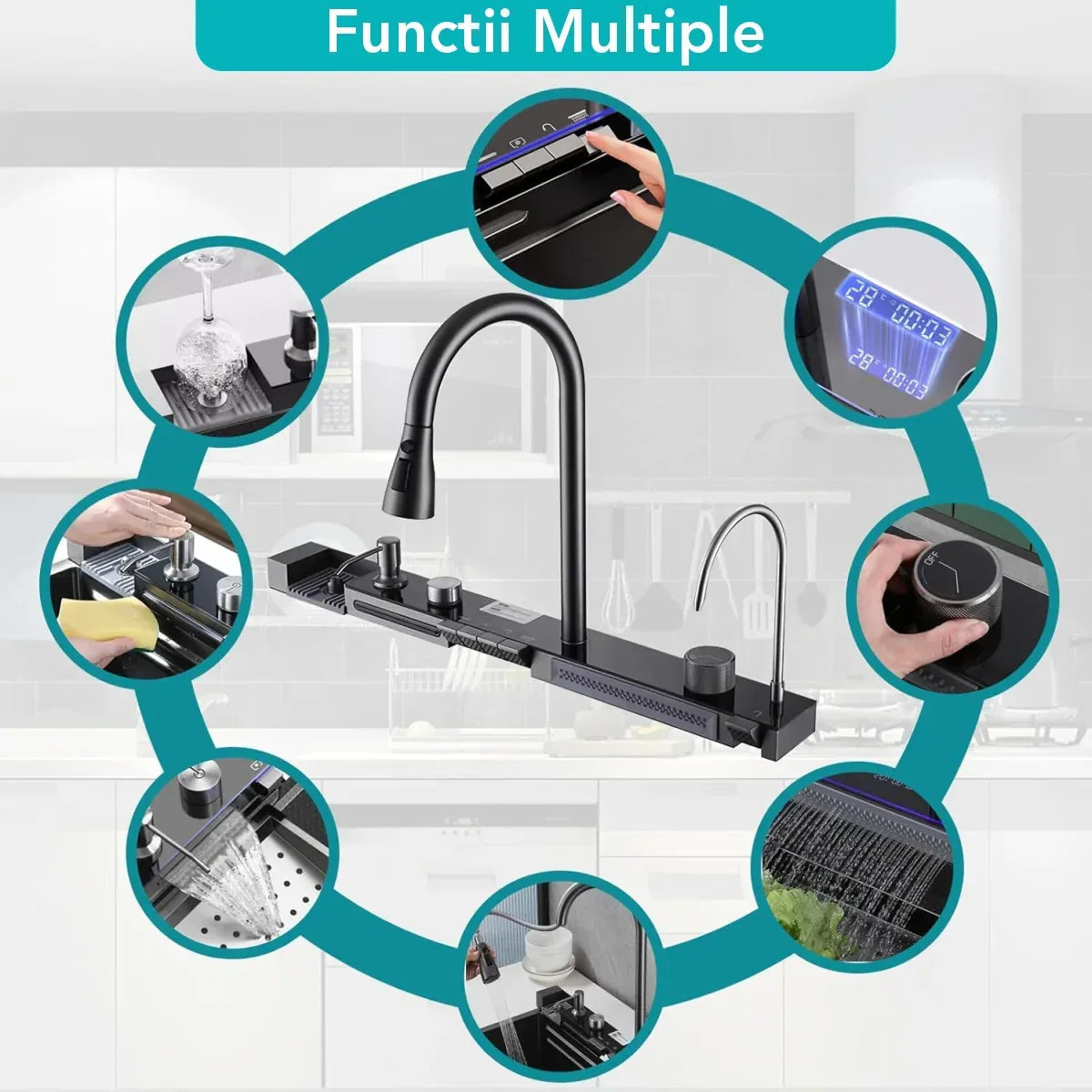 Chiuveta multifunctionala Smart Cuisine, cu accesorii incluse, Naimeed D6743, functii multiple, otel inoxidabil, Gri, 210x750x460mm