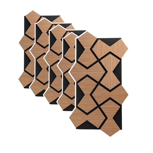 Set 5 Panouri riflaje acustice decorative, HDF si pasla, Naimeed D6753, 85x48x1.8cm, Stejar Inchis