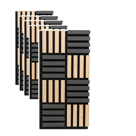 Set 5 Panouri riflaje acustice decorative, MDF si pasla, Naimeed D6771, 60x40x2.1cm, Stejar/Negru