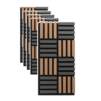 Set 5 Panouri riflaje acustice decorative, MDF si pasla, Naimeed D6772, 70x35x2.1cm, Stejar inchs/Negru