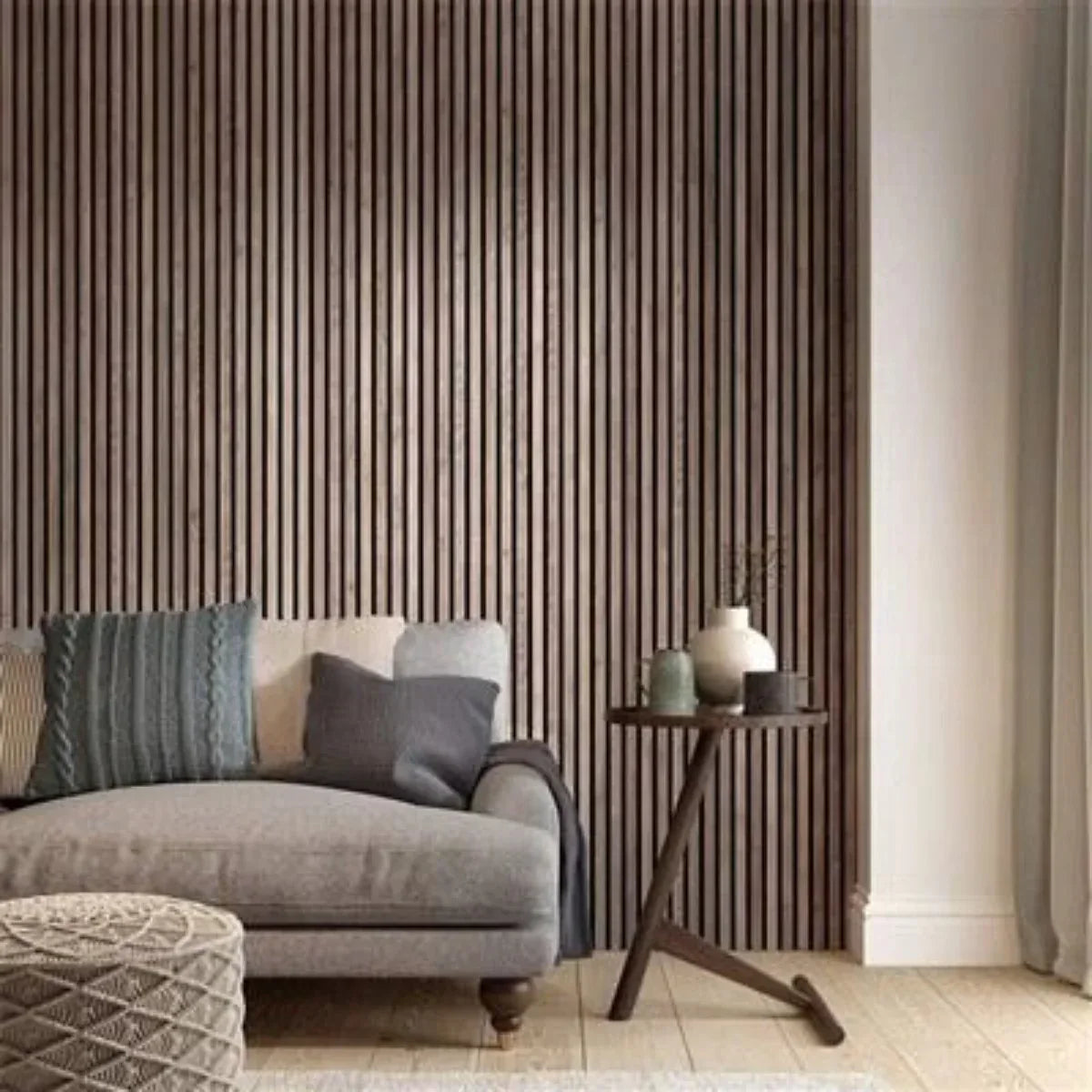 Set 4 Panouri riflaje acustice decorative, MDF si pasla, Naimeed D6781, 240x60x2.1cm, Stejar inchis