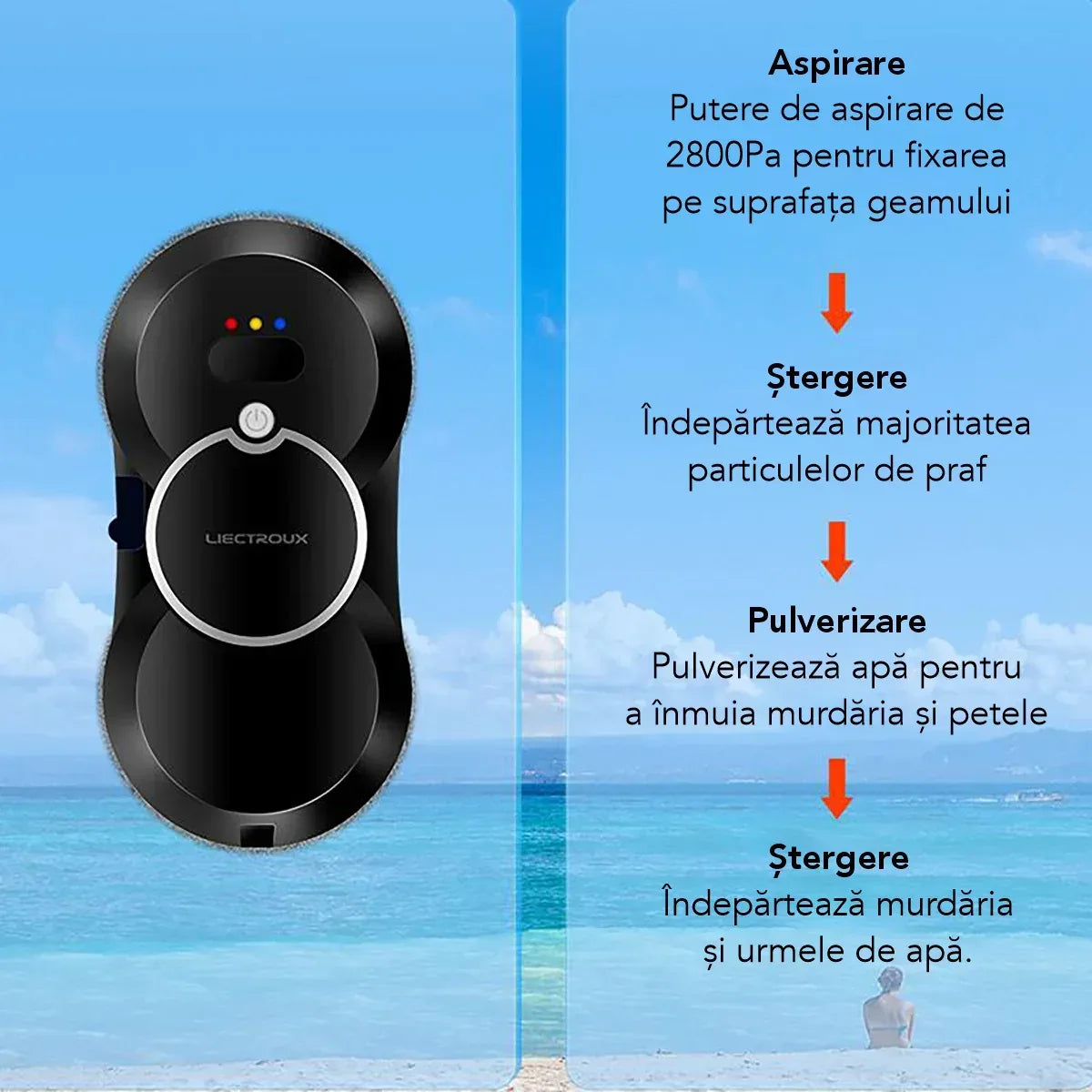 Robot Curatare Geamuri Liectroux HCR-10(D6809), 2800Pa, protectie anti cadere, baterie 500mAh, autonomie 60 de minute pe acumulator in caz de pana de curent, capacitate 30ml, 295x145x120mm, Negru