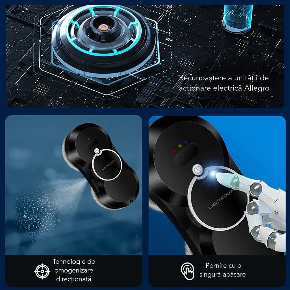 Robot Curatare Geamuri Liectroux HCR-10(D6809), 2800Pa, protectie anti cadere, baterie 500mAh, autonomie 60 de minute pe acumulator in caz de pana de curent, capacitate 30ml, 295x145x120mm, Negru