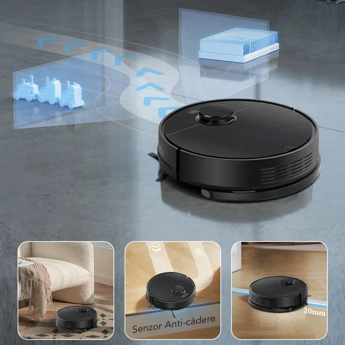 Aspirator Robot cu spalare, Inteligent Liectroux G7(D6816), navigare cu laser LDS(Lidar+SLAM), ghid vocal, autonomie 180 de minute, rezervor de apă de 300ml, coș de praf de 300ml, 98x350x350mm, Negru