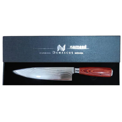 Cutit Profesional pentru tocat, din otel Damascus, Naimeed D6829, damasc 67 straturi, 33.5 cm, Maro
