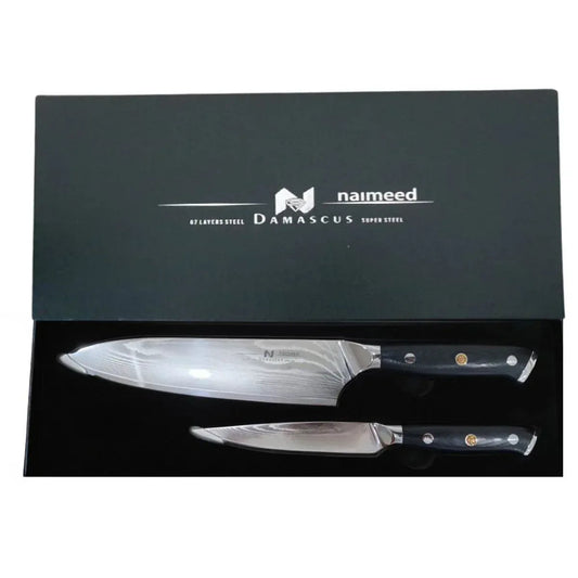 Set 2 cutite profesionale, din otel Damascus, Naimeed D6833, damasc 67 de straturi,  Negru
