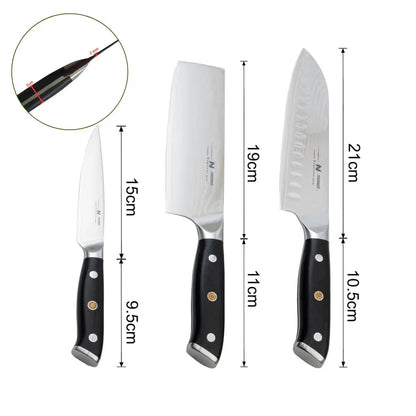 Set 3 cutite profesionale, din otel Damascus, Naimeed D6834, damasc 67 de straturi,  Negru
