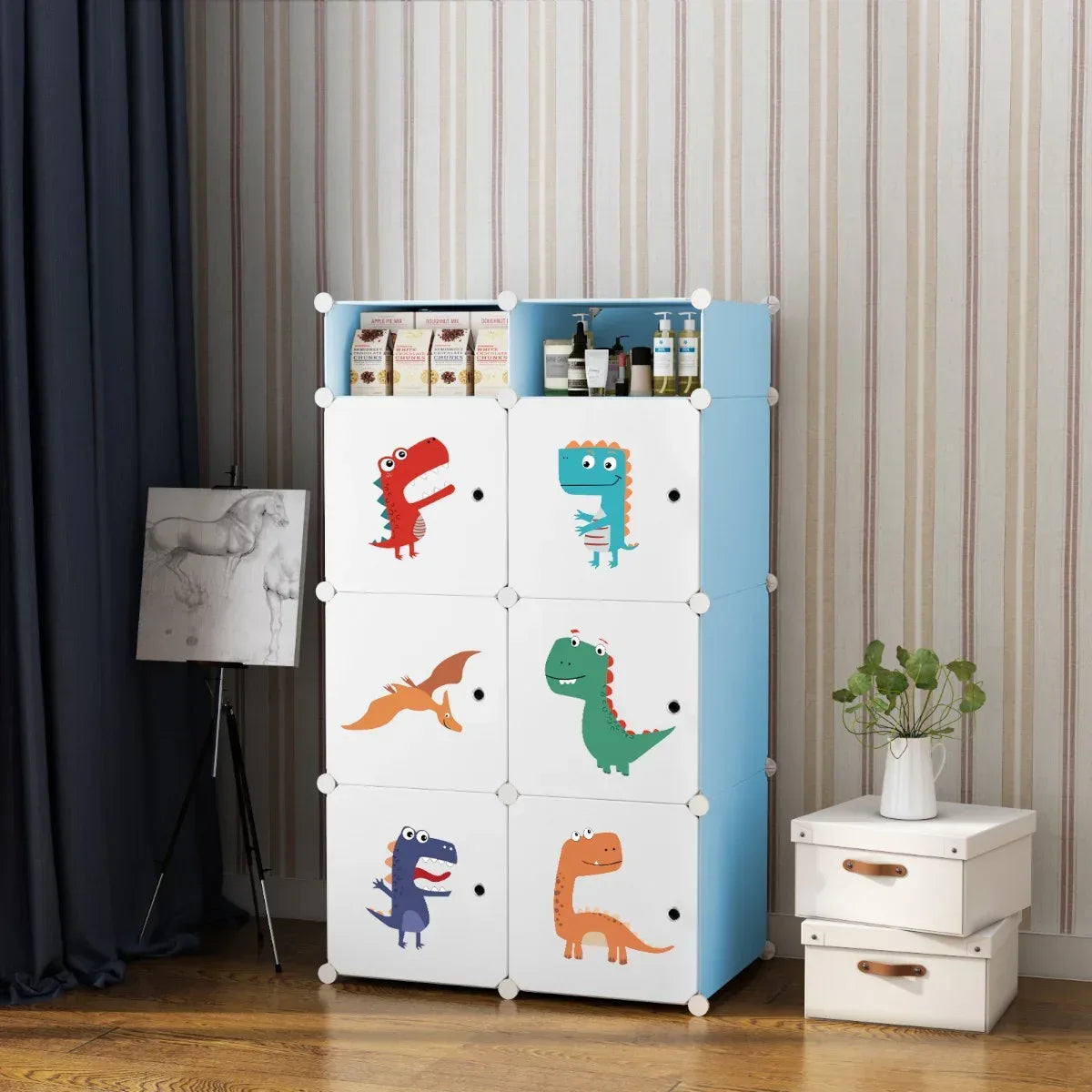 Dulap Modular Copii, 6 Usi, Naimeed D6857, 110x75x37 cm, Alb-albastru
