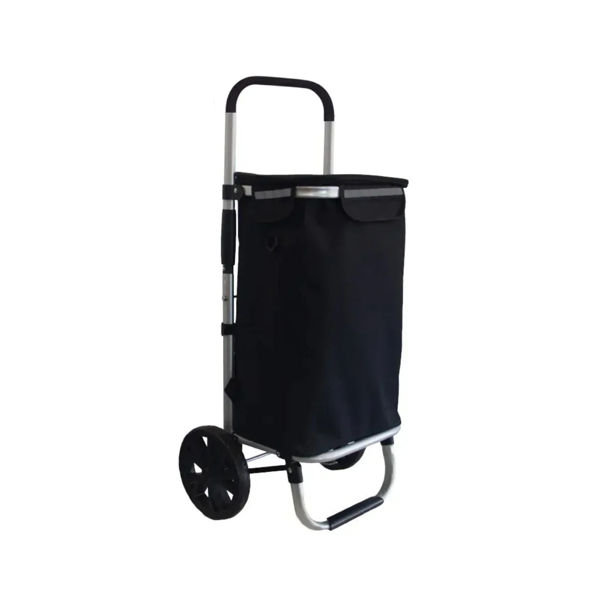 Carucior cumparaturi pliabil cu 2 roti rezistente si sac textil impermeabil, detasabil cu 2 buzunare laterale, Naimeed D6868, capacitate 43.5L, 96x42x28cm, Negru