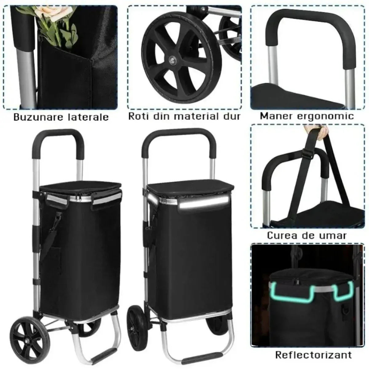 Carucior cumparaturi pliabil cu 2 roti rezistente si sac textil impermeabil, detasabil cu 2 buzunare laterale, Naimeed D6868, capacitate 43.5L, 96x42x28cm, Negru