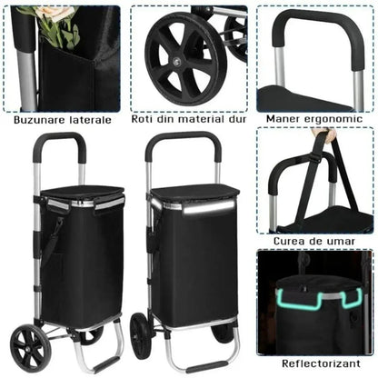 Carucior cumparaturi pliabil cu 2 roti rezistente si sac textil impermeabil, detasabil cu 2 buzunare laterale, Naimeed D6868, capacitate 43.5L, 96x42x28cm, Negru