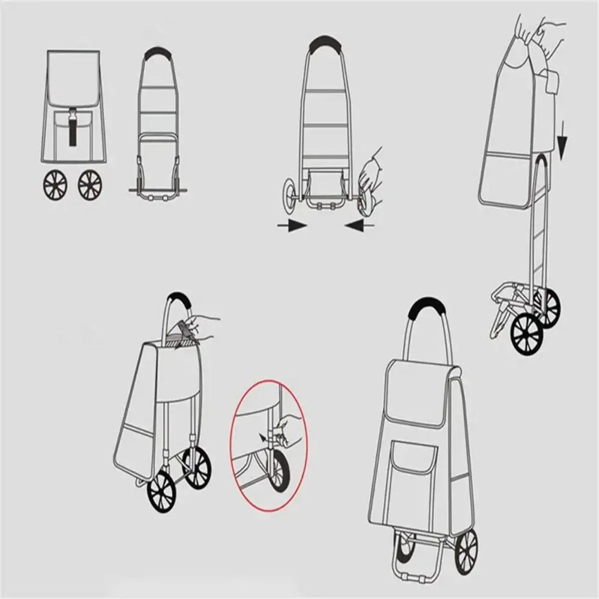 Carucior cumparaturi pliabil cu 2 roti rezistente si sac textil, detasabil cu 2 buzunare laterale, Naimeed D6870, capacitate 49L, 100x45x34cm, Rosu